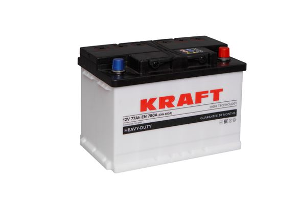 На фото: Аккумулятор KRAFT 6СТ-77Ah Аз 780А (0) (L3)