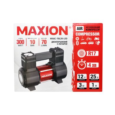 На фото: Автомобільний двопоршневий компресор MAXION MXAC-70L2K-LED