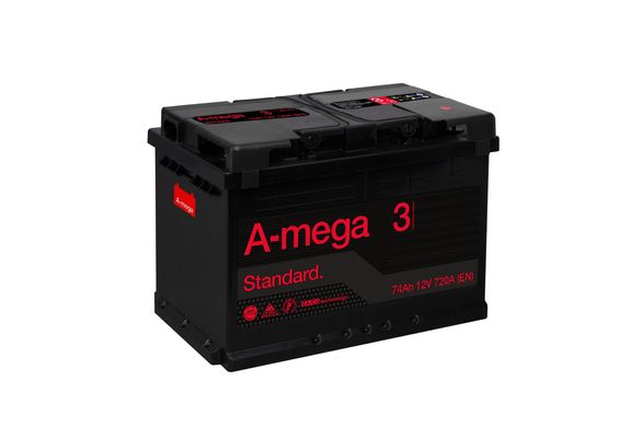 На фото: Аккумулятор A-mega Standard 6СТ-74Ah Аз 720А (0) (L3)