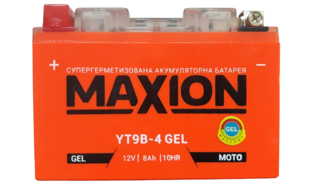 На фото: Мото аккумулятор MAXION YT9B-4 Gel
