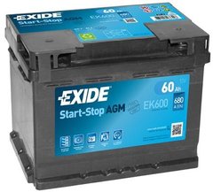 На фото: Акумулятор EXIDE Start-Stop AGM 60Аh Aз 680A (0) (L2) (EK600)