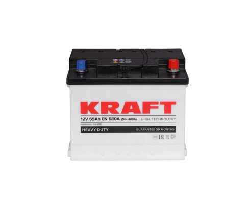 На фото: Аккумулятор KRAFT 6СТ-65Ah Аз 680А (1) (L2)