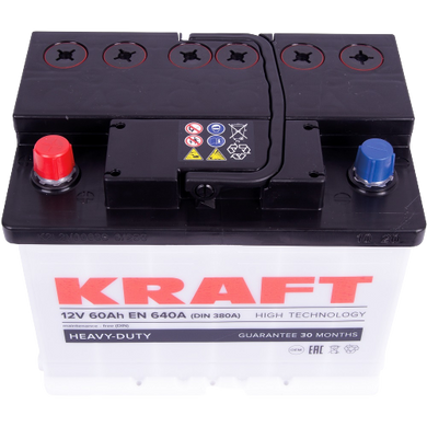 На фото: Аккумулятор KRAFT 6СТ-60Ah Аз 640А (1) (L2)