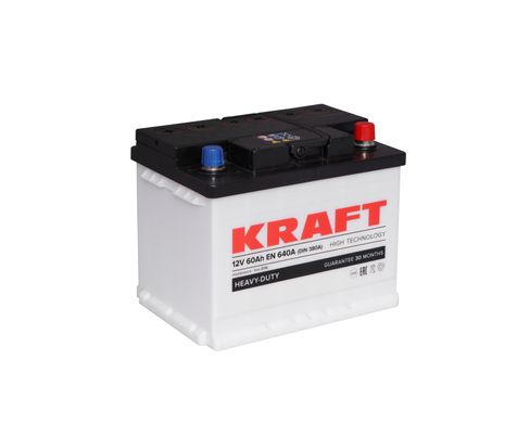 На фото: Аккумулятор KRAFT 6СТ-60Ah Аз 640А (1) (L2)